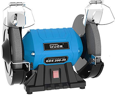 Güde Doppelschleifer GDS 200-35 (350 W, 2980 1/min Motordrehzahl, Grob- & Feinschleifscheibe 36|60 K, ø 200 mm, stabiler Maschinenfuß, kugelgelagerte Schleifachsen, verstellbare Arbeitsauflagen)