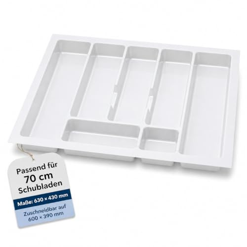 ALUSFERA Besteckkasten für Schubladen 70 cm – Schubladen Organizer mit Fächeraufteilung – Hochwertiger Schubladen Organizer Küche für Mehr Ordnung – Anpassbar und leicht zu reinigen - 630x430mm Weiß