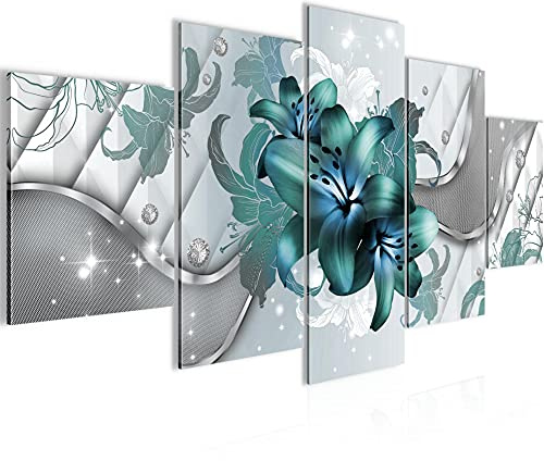 Runa Art Wandbilder Blumen Lilien 5 Teilig Bild auf Vlies Leinwand Deko Wohnzimmer Abstrakt Grau Türkis 016552a