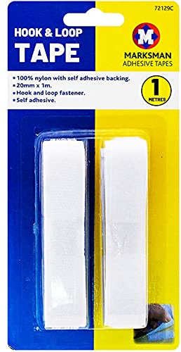20mm Wide MARKSMAN HOOK & LOOP Tape Self Adhesive Strip 1M Heavy Duty White Or Black Sticky Backing Fastening Reusable Sewing Fabric Kit Home Kitchen School Office DIY Sealers UK (White)