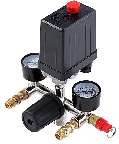 ORAZIO Luftkompressor Druckschalter G1/4 mit Doppelausgängen und Sicherheitsventil Manometer Regler, Hochleistungs Druckschalter Steuerventil mit 220V 16A SP24118002