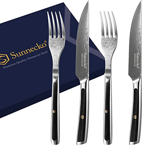 Sunnecko Steakbesteck Set - 4-teiliges Damast Steakbesteck für 2 Personen mit Steakmesser, Steakgabel und G10 Griffen