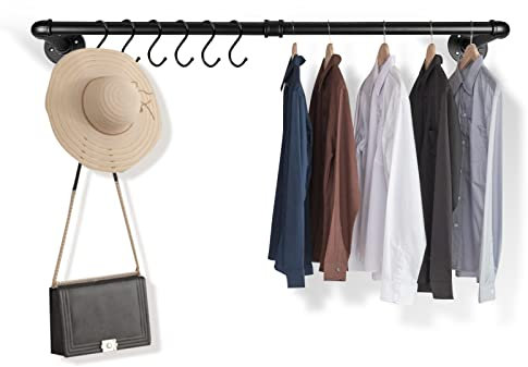 Ikodm Wandgarderobe Kleiderstange Wandmontage Industrieller Stil mit Haken, 92 x 25 cm bis 65 kg belastbar Schlafzimmer Flur Schwarz Kleiderständer