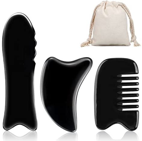 EQLEF Gua Sha Massage Tools, 2 Stück Horn Gua Sha Schaber, 1Stück Horn Gua Sha Kamm, Büffelhorn Gua Sha Guasha Massage-Werkzeugbrett