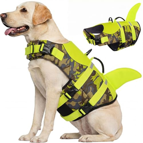 CITÉTOILE Simväst hund haj för små stora hundar, hund flytväst med hajfena haj, haj-hundliv jacka, grön kamouflage flytväst för hundar med handtag och reflekterande, grön kamouflage, XXL