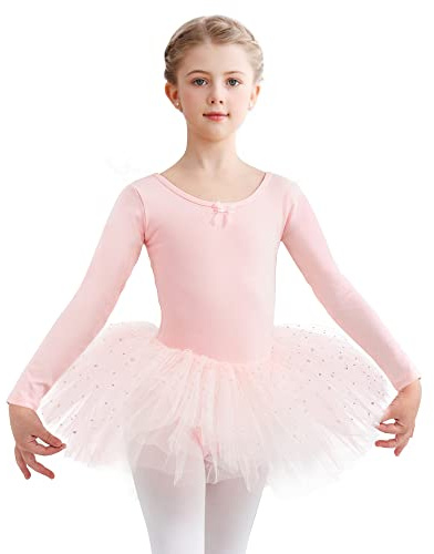 Aiseyi Long Sleeve Ballet Dress Ballet Dance Tutu Dress Ballet Outfits Sequines Ballet Leotard with Tutu Skirt Pink 2-3 Years