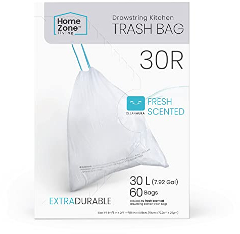 Home Zone Living 8 Gallon Kitchen Trash Bags with Drawstring Handles, Heavy Duty Custom Fit Design for 30 Liter Dual Recycling Liners, Code 30R, 60-Count