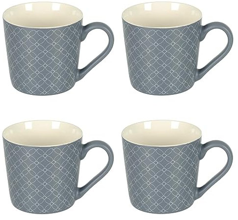 Hodge and Hodge Set Of 4 Grey Stoneware Coffee Mugs Tea Cups Circles Diamonds Pattern 400ml Large Circles