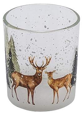 Windlicht Teelichthalter Glas Hirschpaar Schnee Tanne Weihnachten Deko 8cm hoch