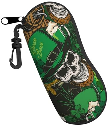 Étui souple pour lunettes de soleil avec mousqueton St Patrick Bière Pièce de monnaie Portable Fermeture éclair Boîte à lunettes de sécurité Étui à lunettes pour homme et femme, Noir , taille unique