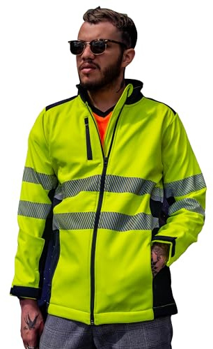 Capto Apparel Herren Hohe Sichtbarkeit Arbeitsjacke - Warnschutzjacke - Hi-Vis Warnschutz Jacke - Hi-Viz Pullover Kapuzenpulli - Softshelljacke - Winddicht – Gelb/Marineblau – L