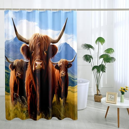 Cow Shower Curtain with 12 Hooks Aesthetic Nature Prairie Landscape Mountain Brown Polyester Room Ornaments Waterproof Decorative Bathroom Hotel Bathtub Outdoor Short Shower Curtain 72x78 Inch