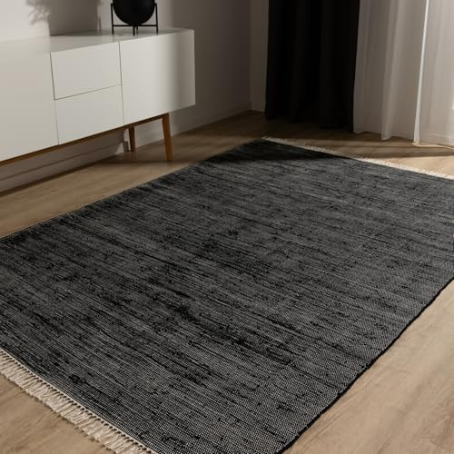 benuta Basic Bomullsmatta Tom - Svart 60x100 cm - Handvävd vardagsrum - 100% återvunnen bomull - Lämplig för golvvärme