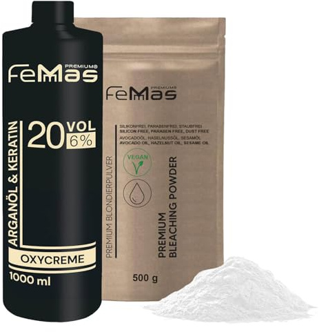 FemMas 500 g vegansk och utvecklare 6 % 1L I Ultra Resistent och dammfri I med näringsrika oljor I salongskvalitet hemblekningssats I Blonde
