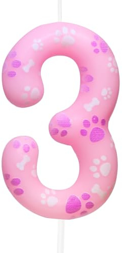 Cxryrzhe Kerze zum 3. Geburtstag, Hundepfote, Nummer 3, Kuchendekoration, Dekoration für Kinder, Jungen, Mädchen, Partyzubehör, rosa Hundepfotenabdruck