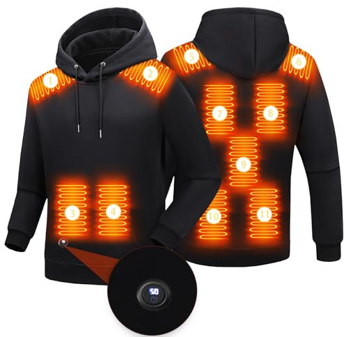Beheizbare Jacke Hoodie für Herren Damen Elektrische Beheizte Kapuzenpullover Sweatshirt 11 Heizzonen LED-Display Casual Pullover Hoody (DE/NL/SE/PL, Alphanumerisch, XL, Regular, Regular, Schwarz)