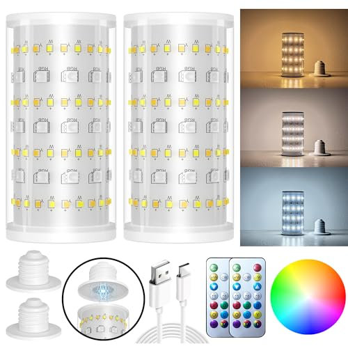 Nekhung Paquete de 2 bombillas recargables para lámpara, funciona con pilas, 10000 mAh, tiempo de iluminación de batería de hasta 70 horas, bombilla inalámbrica RGB regulable con control remoto para