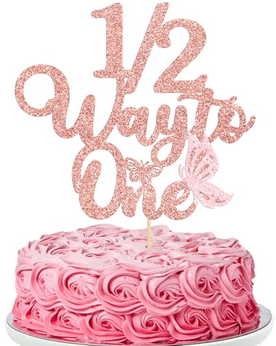 Gyufise 1Pc Butterfly 1/2 Way to One Cake Topper Glitter Happy 6 Months Half Birthday Cake Decoration for Baby Half Year Old Party Decorations Supplies Rose Gold