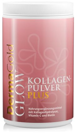 DermaGold Glow Kollagen Pulver-Plus 400g | Mit Kollagenhydrolysat, Vitamin C Pulver und Biotin | Aus reinem, hochgereinigten, bioaktiven Kollagenhydrolysat | ca. 26 Portionen à 15 g | Made in Germany