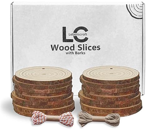 Holzscheiben Baumscheiben mit Loch Deko Rund, 9-10 cm 18 stück | inkl.2 Kordeln,zum basteln,zum bemalen,zum beschriften,naturbelassen,mit Rinde