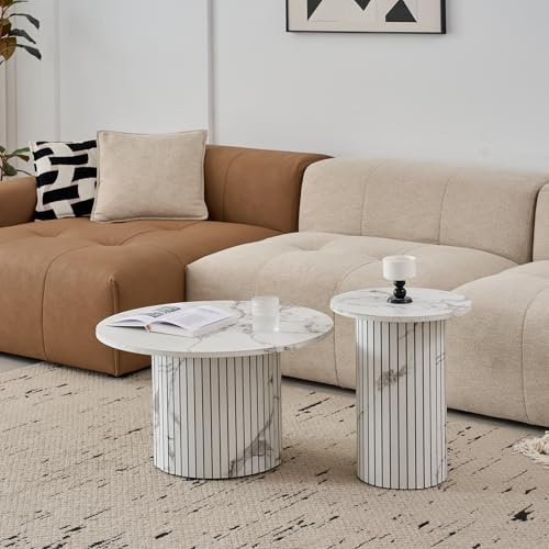 DEYARNA HOME 2er-Set runder Couchtische, Modernes Geriffeltes Trommel-Couchtisch-Set für Wohnzimmer, Schlafzimmer, Balkon und Büro (Weiß (Marmormaserung))