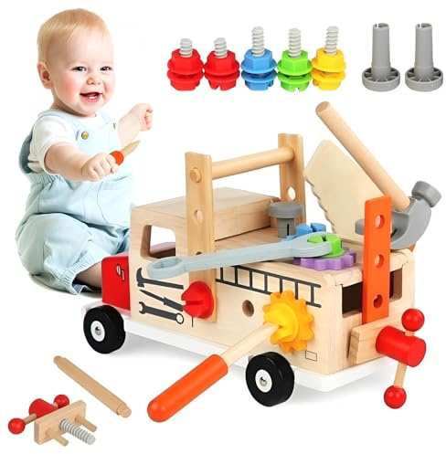 KUWUNG Werkzeugkoffer Kinder, Kinderwerkzeug Kinderspielzeug, Holzspielzeug Montessori Spielzeug ab 2 3 4 Jahre Werkbank Kinder Geschenk Junge Mädchen 2 3 4 5 6 Jahre (47 Stück)