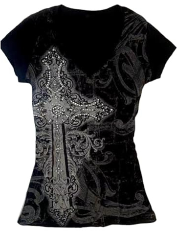 Damtröja, t-shirt i y2k-stil, emo, grunge, 2000-talsstil, vintagestil, grafisk kortärmad tröja, punkig tröja, gotisk topp, tröja för tonåringar, alternativa kläder, streetwear, sommartröja, Svart