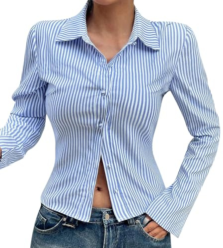 Camicia da donna a maniche lunghe, a righe, con scollo a V, in cotone, elegante, casual, per ufficio, basic slim fit, Azzurro, M