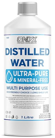 Onyx Destilliertes Wasser, 1 l, 100 % ultrareines Wasser, für Labors, Bügeleisen, Luftbefeuchter, Reinigung, Motoren und mehr, destilliert in Großbritannien, 1 Liter (1000 ml)