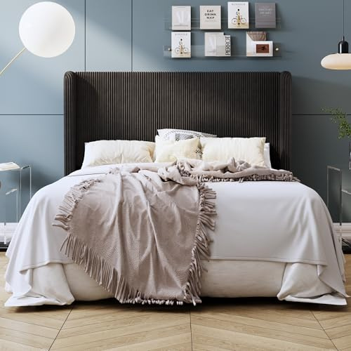 SHA CERLIN Queen Corduroy Platform Bed with Tufted Wingback Headboard/Black | Vertical Channel Wingback Headboard, 8-Inch Under-Bed Storage, Wood Slat and Metal Support, 900 lb Capacity, Easy Assembly
