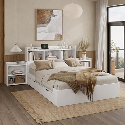Cama Doble de 140x200 cm con 2 mesitas de Noche Extensibles cajones con Compartimentos de Almacenamiento Interfaz Tipo C y Carga inalámbrica Camas de Invitados sin colchón Blanco