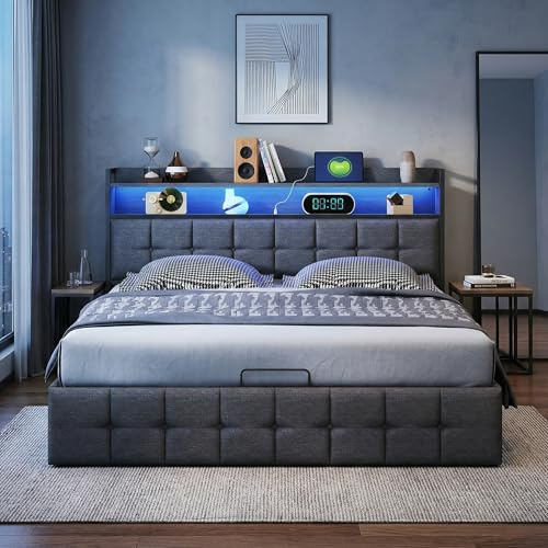 Bettkasten, 160 x 200 cm mit LED, Doppelbett mit hydraulischer Aufbewahrung und Kopfteil, gepolstertes Doppelbett für Erwachsene und Jugendliche, Bettgestell mit Lattenrost, Leinen (Grau E)