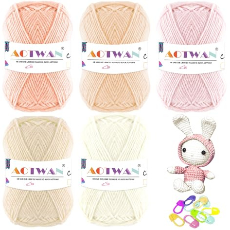 AOTWAN 250g Crochet Yarn Wool for Crochet 5 Colours x 50g Pastel Lovely Wool Yarn Crochet for Beginners with 10 Stitch Markers