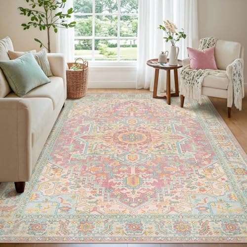 Kokia Waschbarer Kurzflor Teppich 160x230 Terrakotta für Wohnzimmer | Weich, Rutschfest und Fleckenfest, Flacher Flor in Blütenrosa mit Orient-Medaillonmuster im Used Look fürs Esszimmer