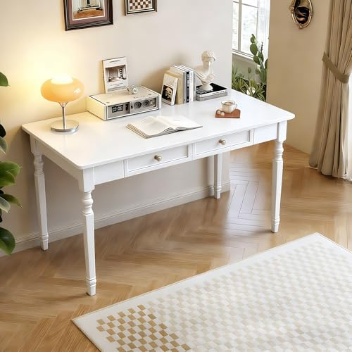 FUKEFUZ Massivholz Schreibtisch im Landhausstil – Romantischer Computertisch mit gedrechselten Beinen (Rubberwood) – Schminktisch & Sekretär mit Schubladen für Mädchen & Damen(Weiß,W/o CHR,39.4in)