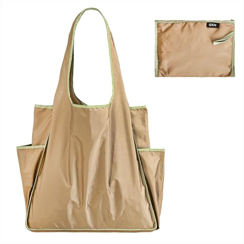 Qzakce Bolsa de la Compra Plegable para Mujeres Chicas Grande Bolsa Plegable Reutilizable Tote Bag para Compras, Viajes, Picnic, Diario Viajando, Caqui