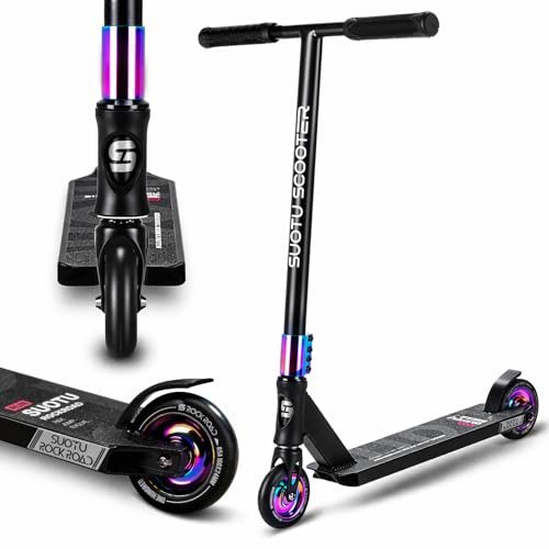SUOTU Trottinette Freestyle, Direction à 360°, Stunt Scooter avec Roues en PU 85A 100 mm, Trotinette pour Enfants Adolescent Adultes, Capacité de Charge: 100 kg, Aluminium (Noir – Arc-en-Ciel)