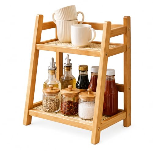 yolzhxe Estante Organizador de Bambú de 2 Alturas, Imitación de Bambú Tejido de Ratán, 26x18x28.5 CM Cocina Estantería para Especias Organizador de Café Para Especias, Tazas, Plantas