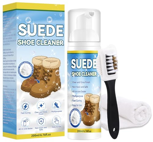 Eveellyn Wildleder Reiniger 200ml mit Bürste, Professioneller Nubuk Schuhreiniger, Sanfter Fleckenentferner für Schuhe, Stiefel, Taschen, Jacken, Stellt Farbe und Struktur Schonend Wieder Her