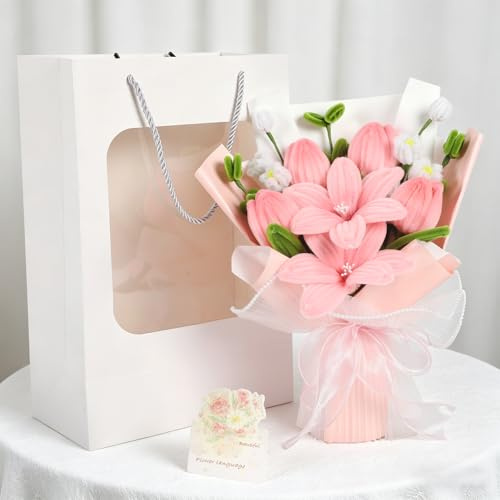 Flores artificiales, limpiador de pipas, ramo de tulipanes rosado hecho a mano, ramo de flores artificiales, regalos para mujeres, día de San Valentín, boda, compromiso, cumpleaños, día de la madre o