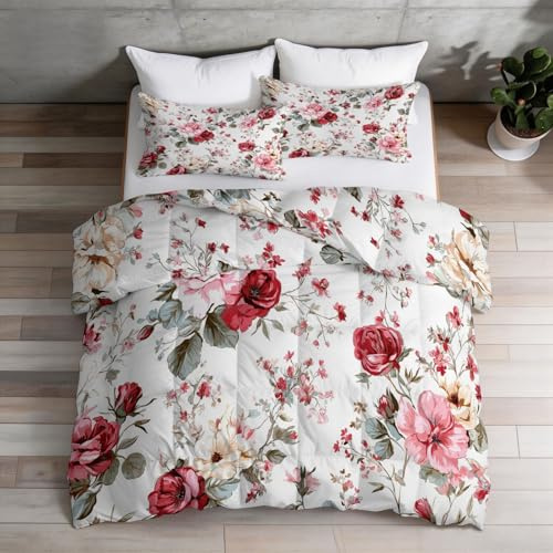 Barntäcke, 200 x 200 cm, fina rosa löv för flicka pojke - sängkläder för 2 personer, lätt och mjukt - alla årstider akvarelltäcke med 2 örngott