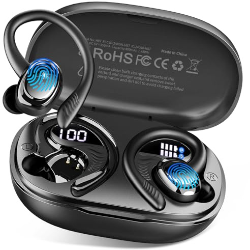 2026 Wireless Headphones Sport, HiFi Stereo Bluetooth 5.4 Earbuds Running | Deep Bass in Ear Buds, 50+Hrs ENC Noise Cancelling Earphone with Earhook, USB-C IP-X7 Waterproof Workout Gym for Android iOS
