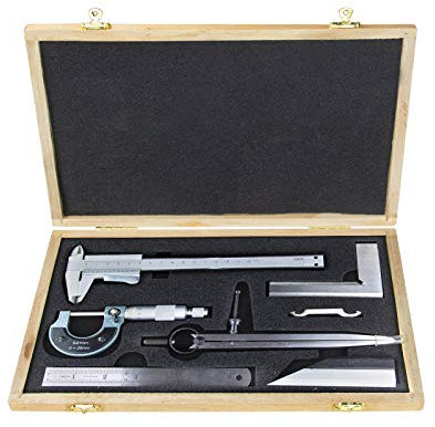 DEMA Messwerkzeuge-Set 6-tlg. Edelstahl mit Messschieber, Messschraube, Haarwinkel, Stahlmaßband, Reißzirkel & Haarlineal, rostfrei, in praktischer Holzkassette – präzises Messen