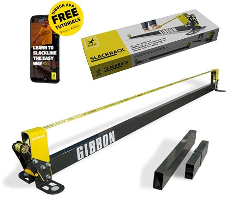 Gibbon Slacklines, Slackrack Classic, Nero-Giallo, Lunghezza del Corpo: 2 o 3 Metri, Larghezza della fettuccia: 2/5 cm, Altezza: 30 cm