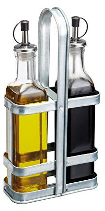 KitchenCraft Industrial Kitchen Set Oliera / Porta Olio e Aceto con Supporto in Acciaio Zincato Stile Vintage, 13 x 7 x 28 cm (5 x 2.5 x 11)