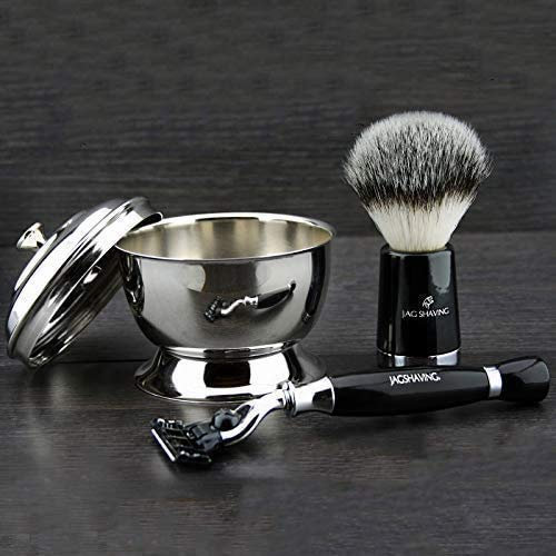 Silbern Spitze Synthetisch Dachs Rasierpinsel mit Rasur Schale und Dreifach Kartusche Rasierer Komplettes Nassrasier-Kit für Männer