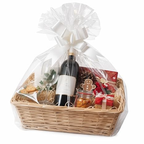 H-line Make Your Own Hamper Kit - Large Rectangle Wicker Basket Cellophane Wood Shred Bow Set (Natural) - Ideal for Christmas/Easter/Newborn Gift Hamper