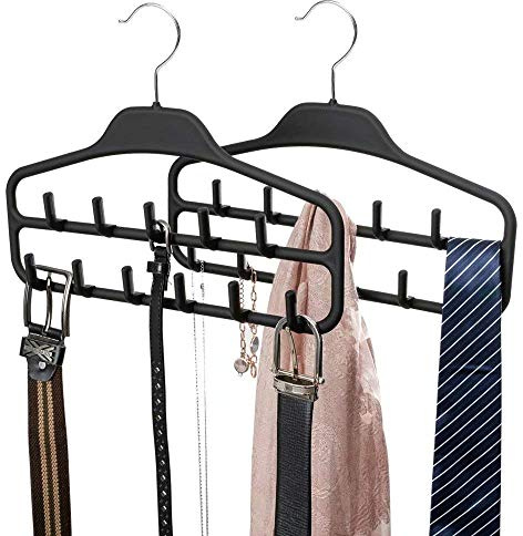 FairyHaus Belt Hanger Organizer 2 Pack, Non Slip Tie Rack Holder, Durable Hanging Closet Accessory Hooks for Belts, Ties, Jewelry, Scarves, Black