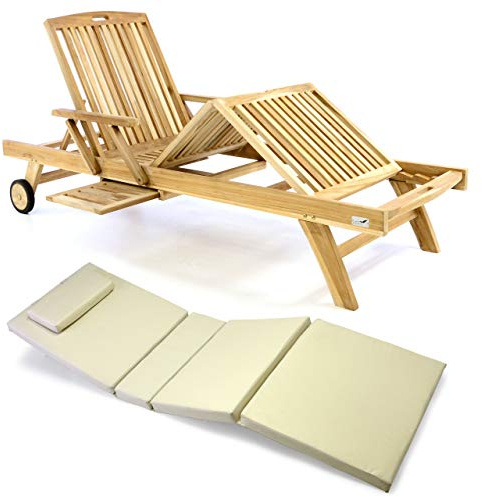 Divero Sonnenliege Holzliege Gartenliege Teak-Holz unbehandelt mehrfach verstellbar inkl. Räder Tablett + Liegen-Auflage 4-teilig wasserabweisend orange grün creme (Farbe wählbar) (Creme)