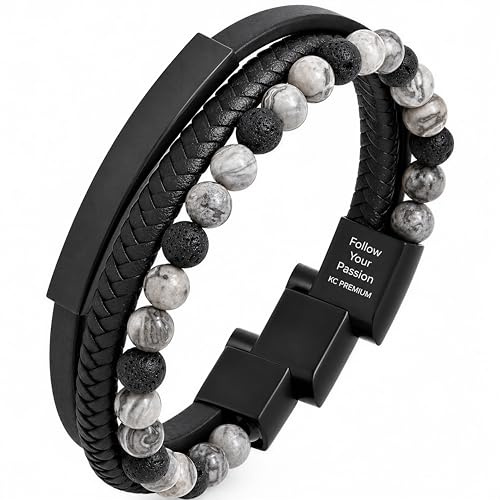 KC Premium Männer Leder-Armband mit Tigerauge Lavastein Perlen | Handgemacht mit inspirierender Gravur | Grössenverstellbar Magnetverschluss | Schwarz Braun Blau Silber | Geschenk Schmuckbox Herren